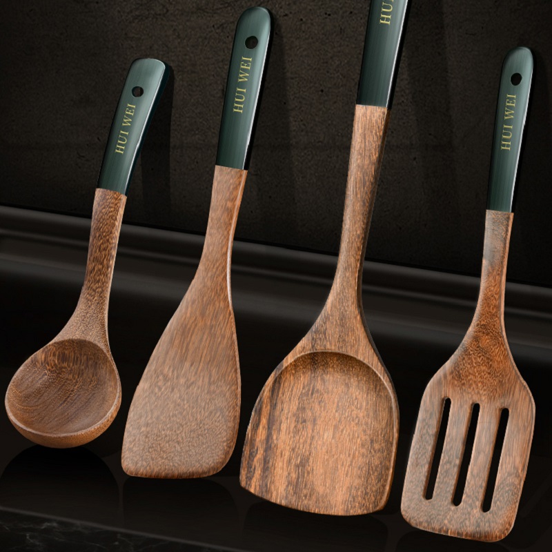  Juego de utensilios de cocina de madera, 5 piezas de acacia  natural para sartén antiadherente, herramienta de cocina, cucharón y  espátulas wok, tenedor de ensalada : Hogar y Cocina