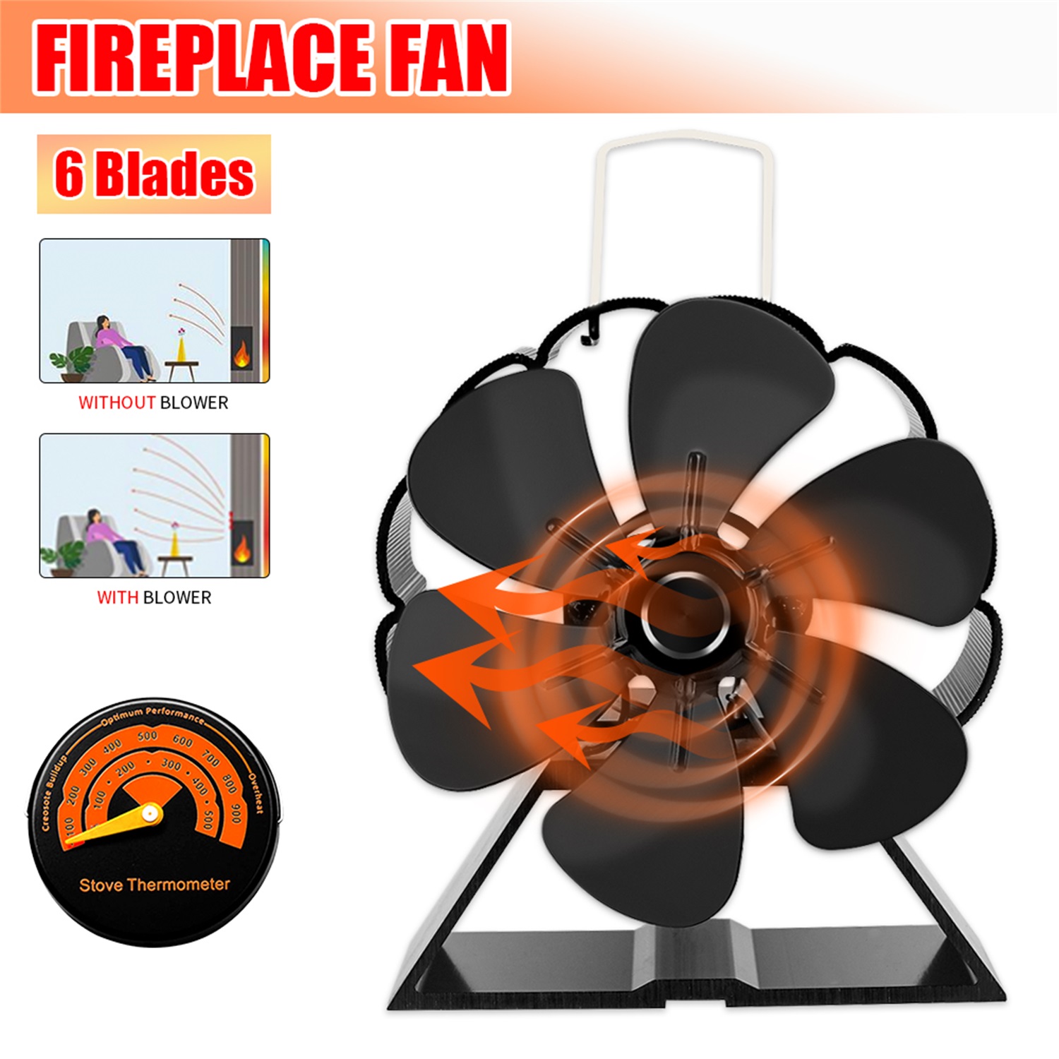 1pc Heat-Powered Fireplace Fan with Thermometer - 6 Blades for Wood Stoves  and Fireplaces - Keep Your Home Warm and Cozy