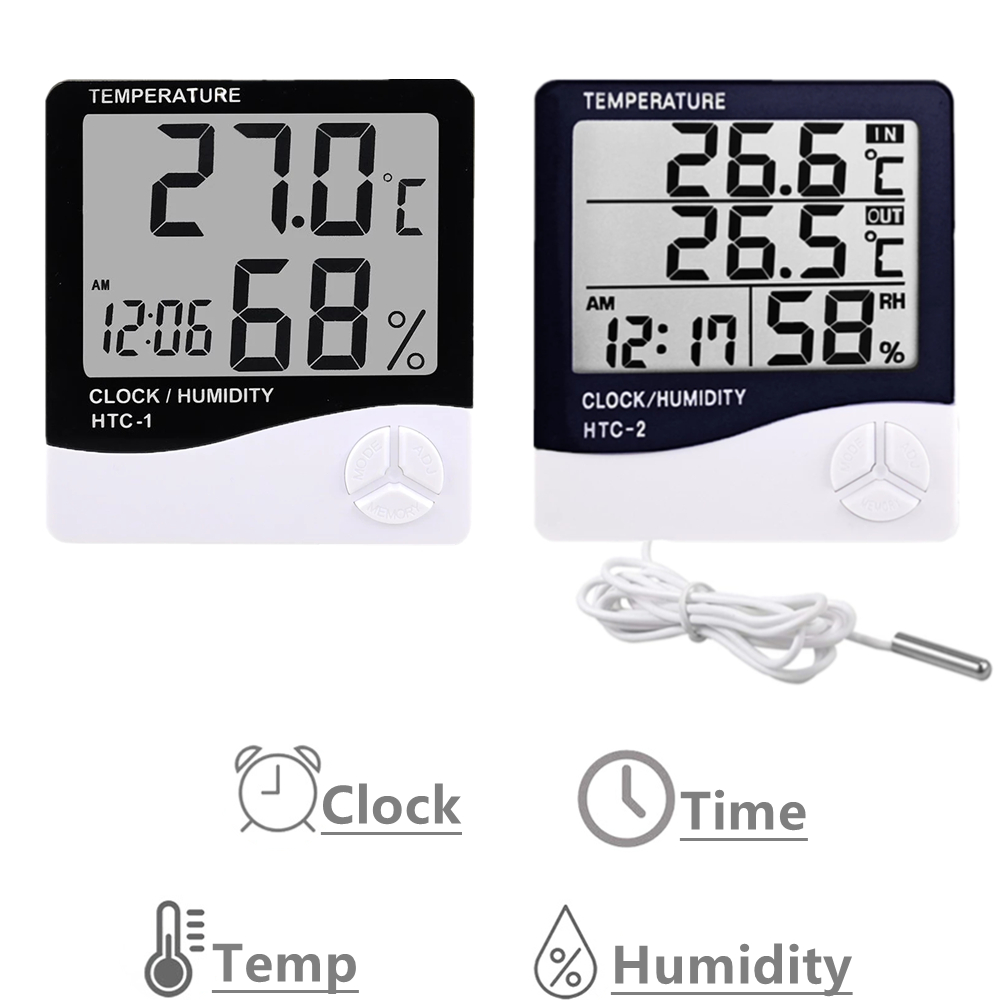 Digital Room Thermometer Digital Humidity Room Temperature Meter Weather  Station Clock LCD HTC-2