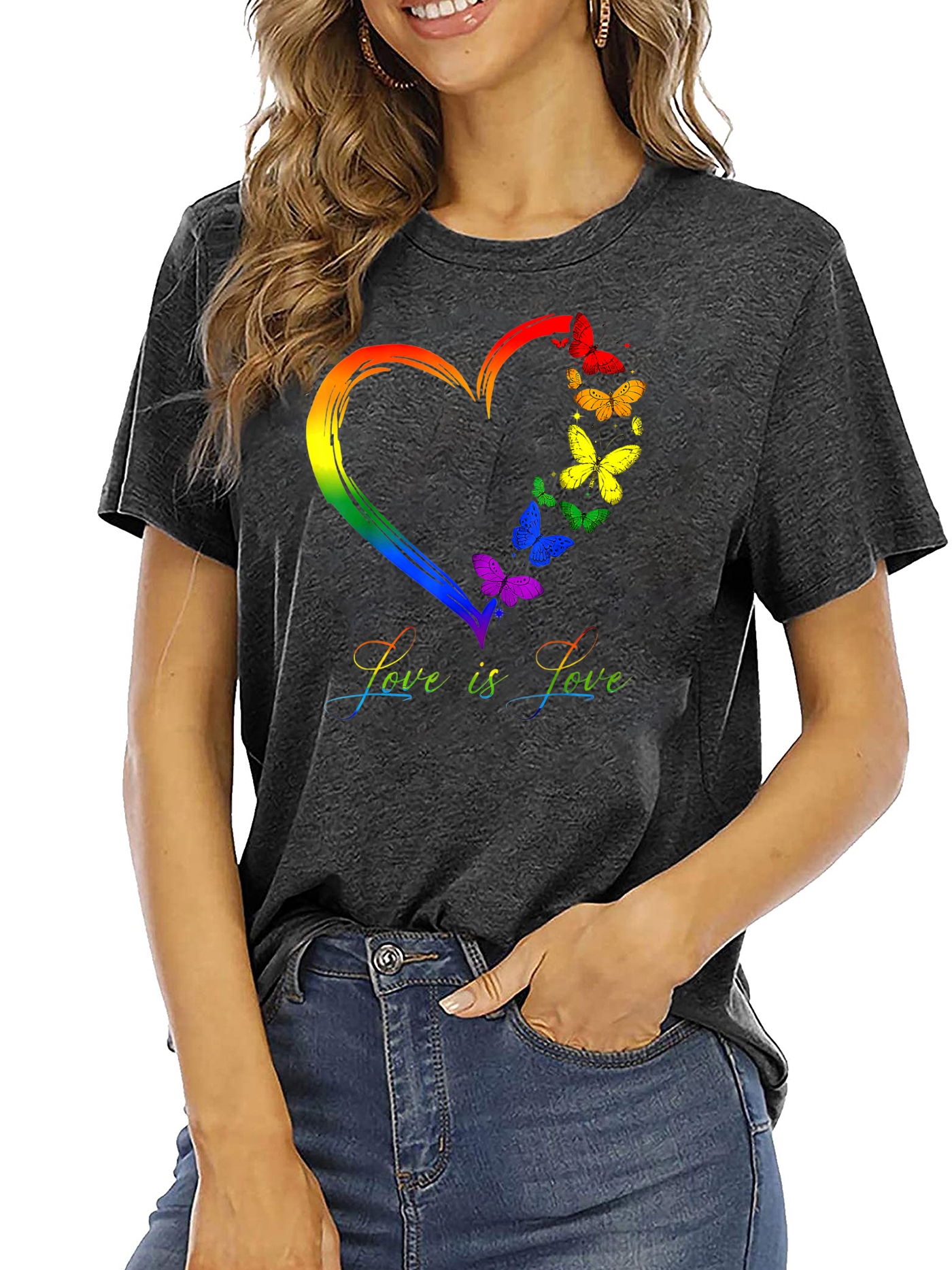 Buy Butterfly T-Shirt Womens Cute Heart Graphic Shirt Summer Crewneck Short- Sleeved Tee Top, Blue, X-Large at