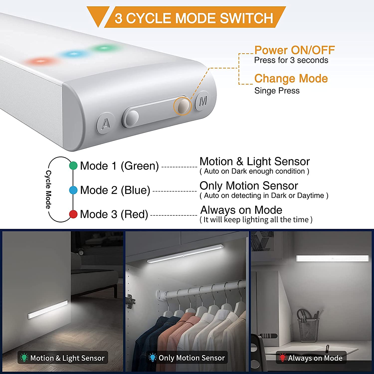 Luz LED bajo armario con sensor 80 cm recargable USB 250lm regulable  3000-6000K