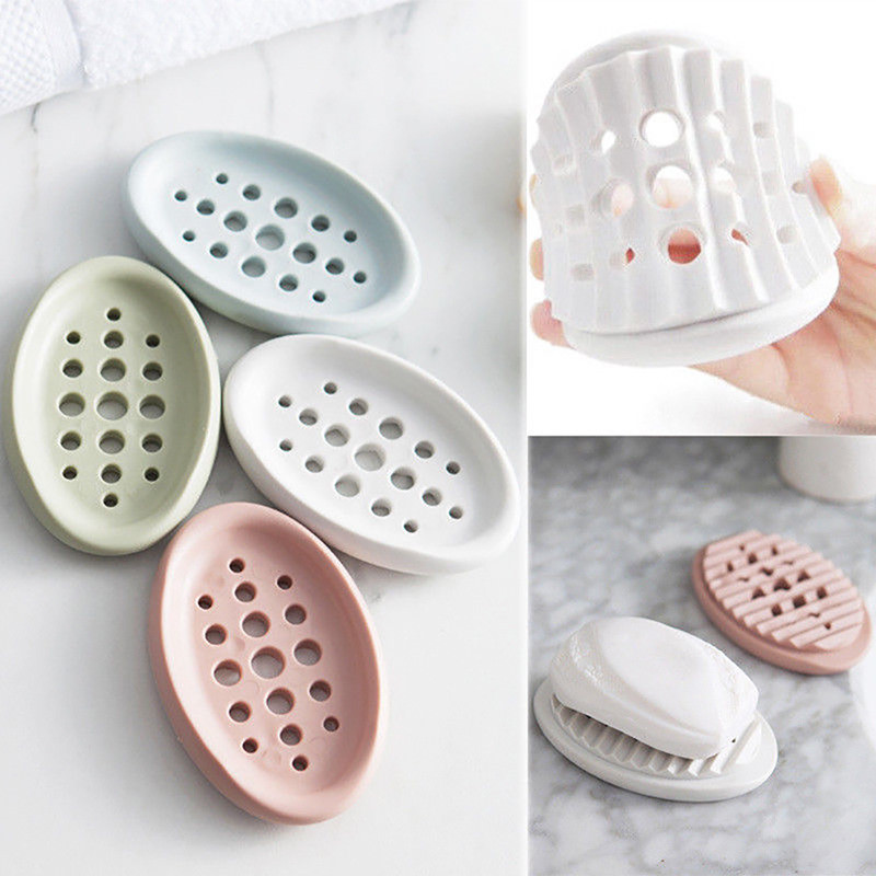 Silicone Bathroom Soap Dish Storage Holder Plate Tray Drain Soapbox