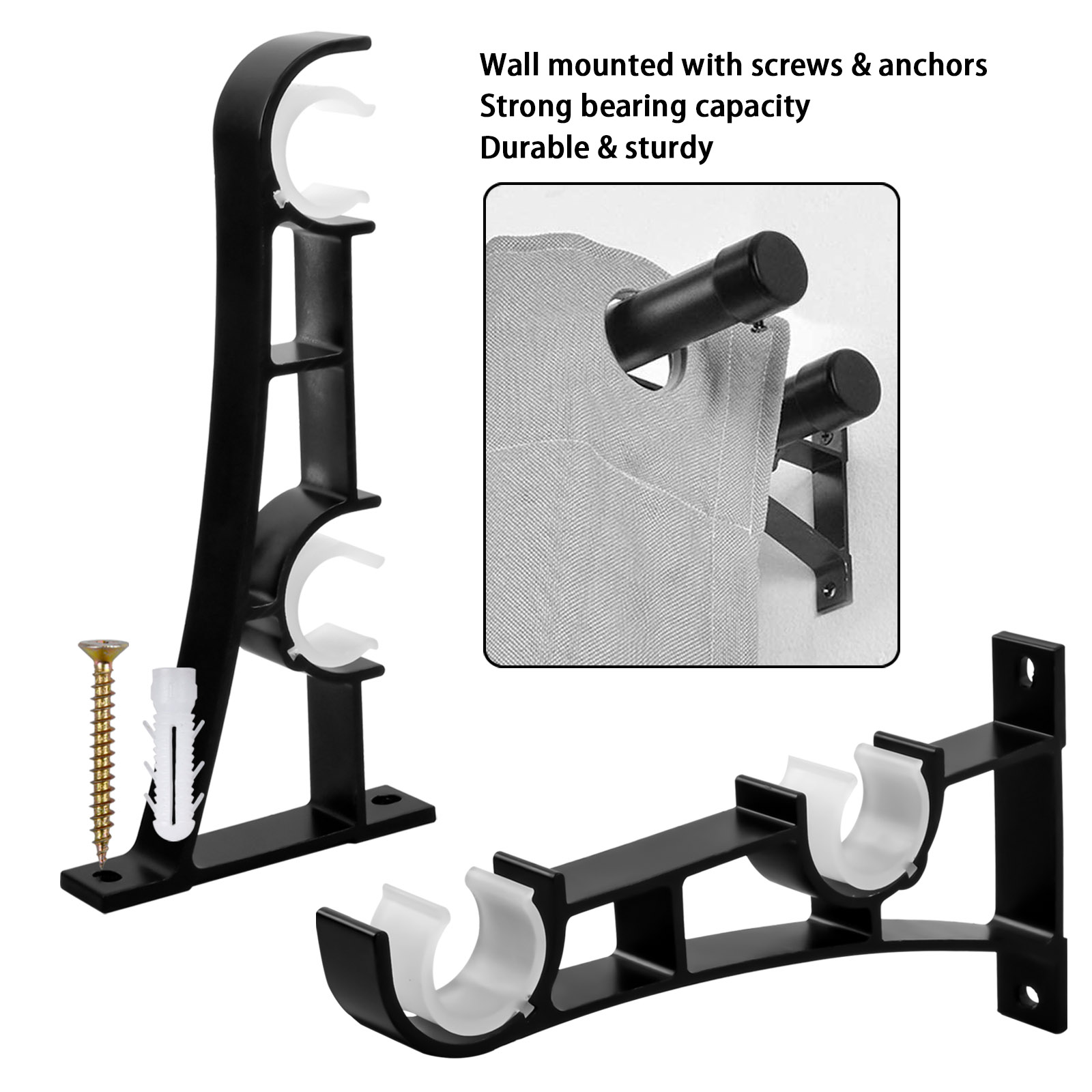 2 sets Heavy Duty Curtain Rod Brackets - Double Curtain Rod Holder Hooks  for Clothes Rods - Black Metal Curtain Pole Brackets with 4 Screws -  Supports