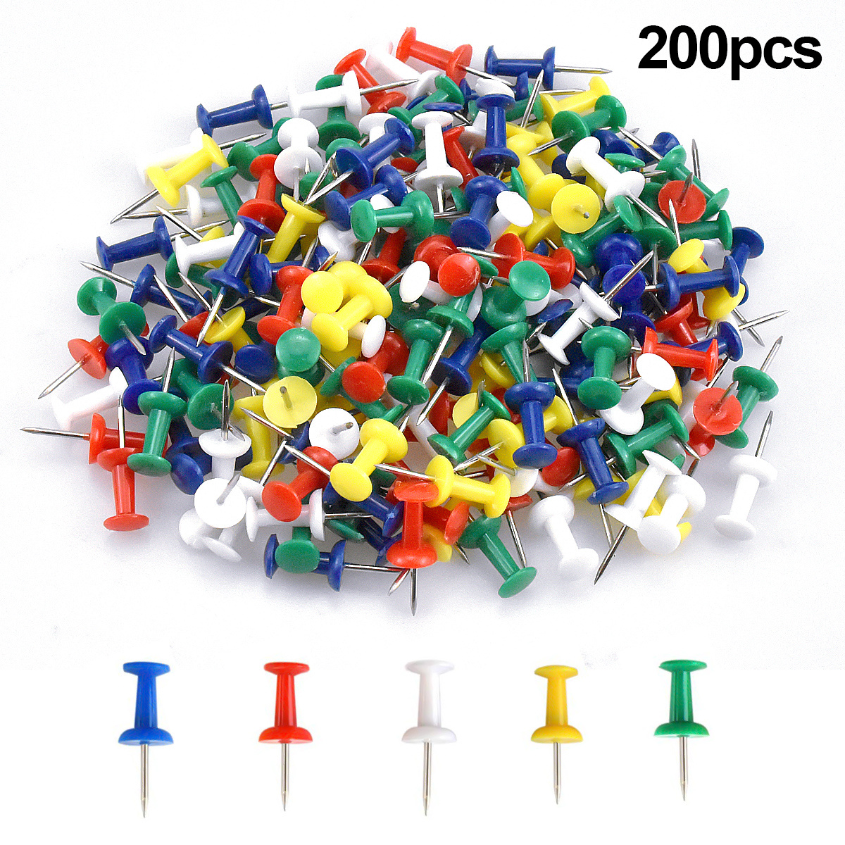 200pcs Multi Colored Push Pins with Plastic Heads & Steel Points for Map Cork Notice Board & Photos