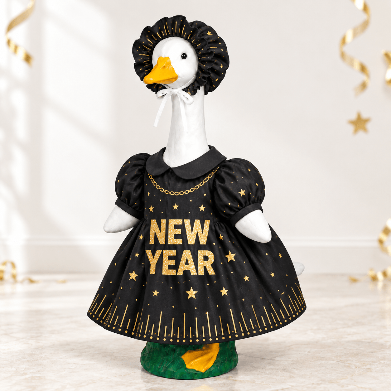 TEMU 23-inch Porch Goose Outfit, 2pcs Set With Matching Headwear, Black Golden New Year, 2d Flat Printed, New Year Party Decor, Goose Statue Not