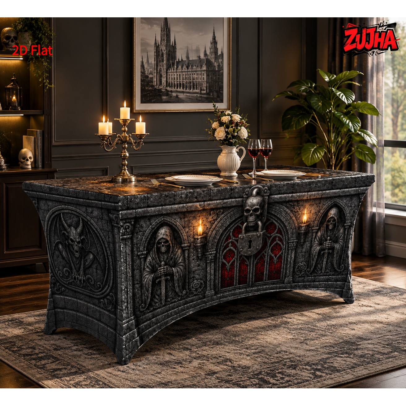 TEMU 1 pieza Mantel gótico con bordes elásticos - Cubierta de mesa rectangular de cobertura total, adecuada para Halloween, , , cenas de bufé
