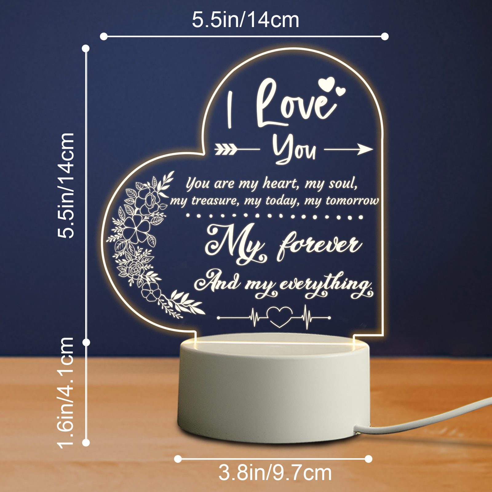 Romantic Acrylic Night Light - Anniversary Gift For Her/Him - LED Base