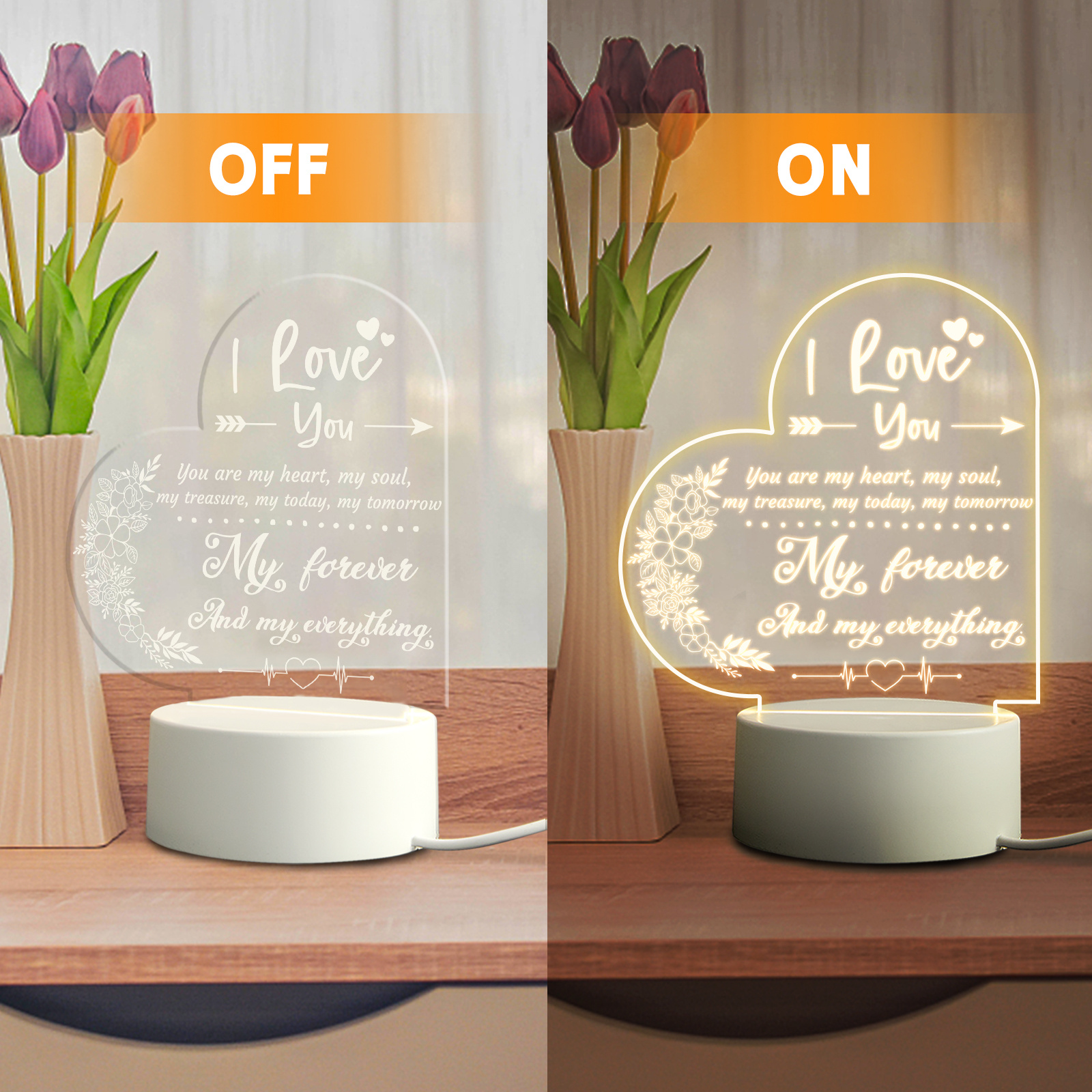 Romantic Acrylic Night Light - Anniversary Gift For Her/Him - LED Base