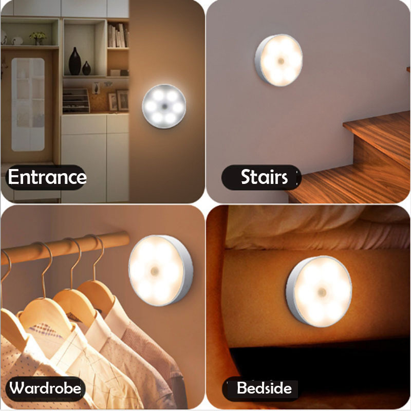 Motion Sensor Light Led USB NightLights Round Chargeable Lamp for Bedroom  Kitchen Stair Hallway Wardrobe Cupboard Lighting