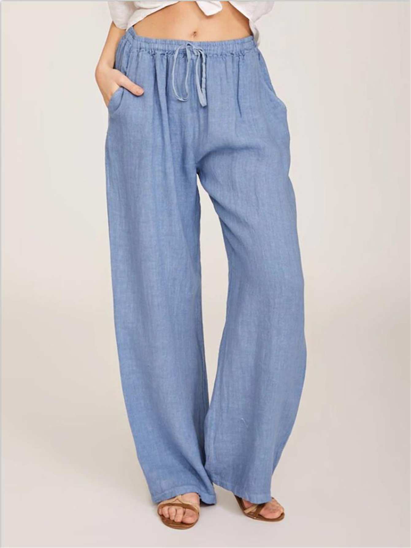 JNGSA Flowy Pants for Women Solid Color Baggy Pants Summer Slim Casual Loose  Trouser Wide Leg Pants Light Blue 10 