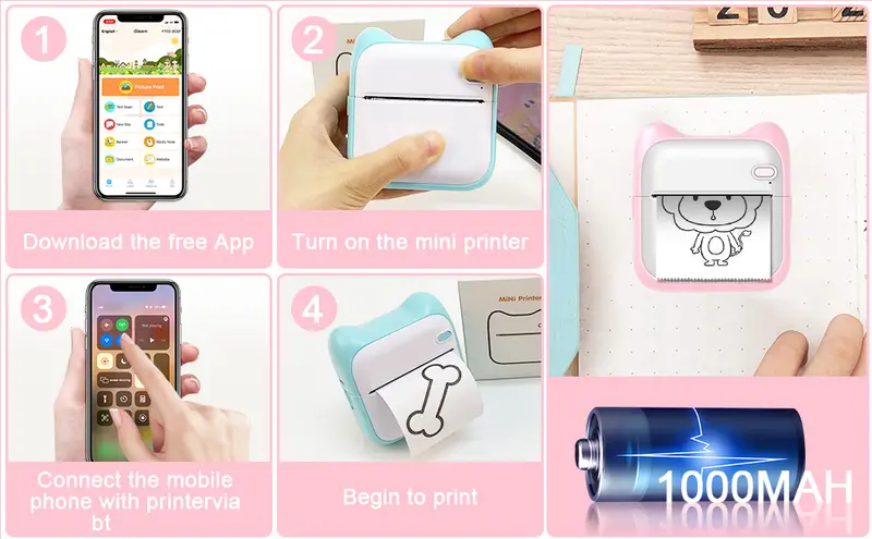 mini photo printer for iphone android 1000mah portable thermal photo printer for gift study notes work children photo picture memo details 1