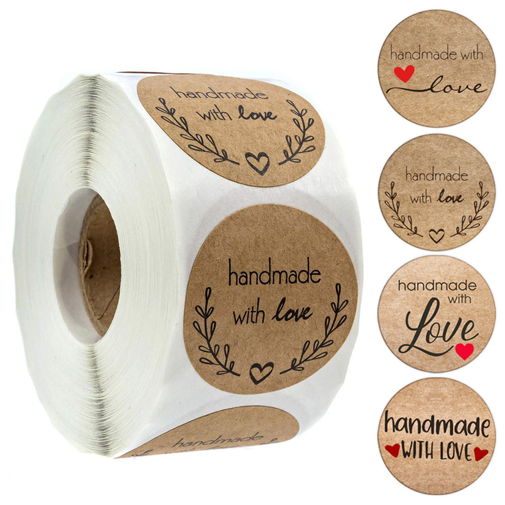 

500pcs/roll Handmade With Love Stickers - 1 Inch Brown Kraft Labels For Canning, Storage, Gifts, And More - Perfect For Father's Day, Mother's Day, And Party Favors