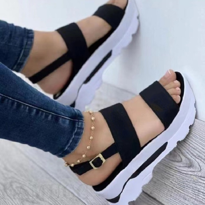 Women's Solid Color Platform Sandals, Summer Ankle Strap Wedge Shoes, Casual Open Toe Sandals