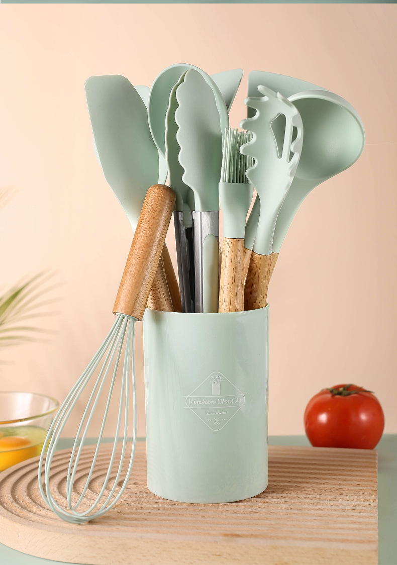  Kikcoin - Juego de 23 utensilios de cocina de silicona, mango  de madera, con soporte, espátulas de silicona resistentes al calor,  utensilios de cocina antiadherentes, color gris : Hogar y Cocina