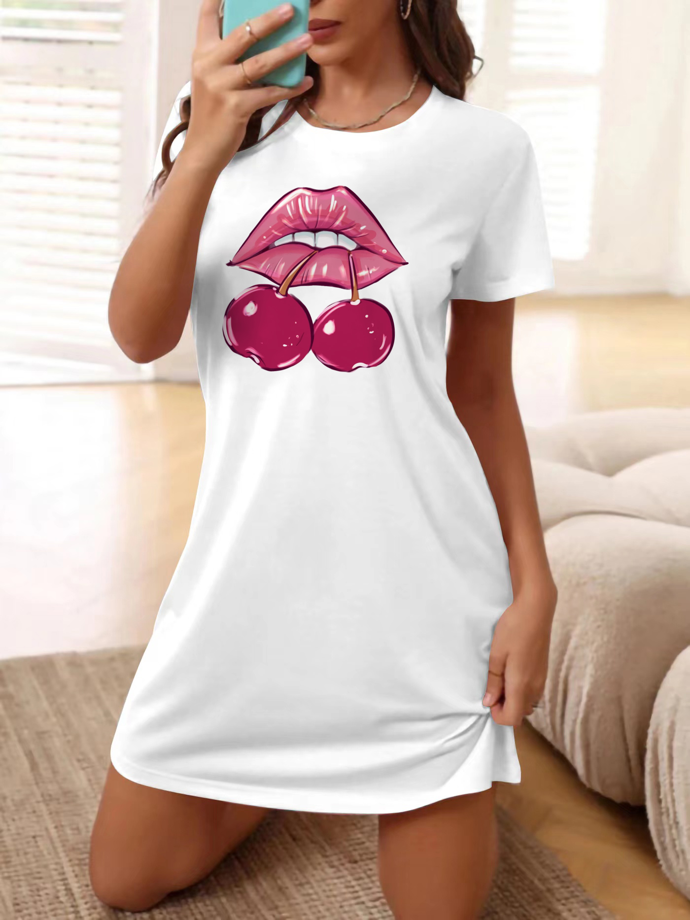 Lips Cherry Print Crew Neck T shirt Dress Casual Loose Short Temu