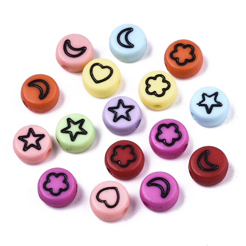 200 Pcs Flat Round Acrylic Beads With With Heart & Star & Moon & Flower  Shape