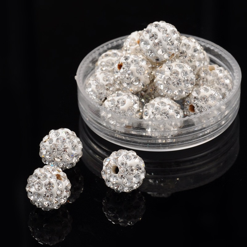 Pave Disco Ball Beads, Polymer Clay Rhinestone Beads, Round, Crystal,  PP13(1.9~2mm), 6 Rows Rhinestone, 10mm, Hole: 1.5mm