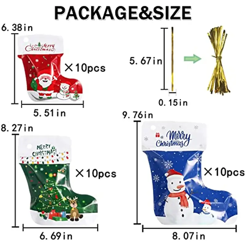 30Pcs Christmas Ziplock Bag With Ties Stocking Gift Bags Wrapping Xmas  Decors