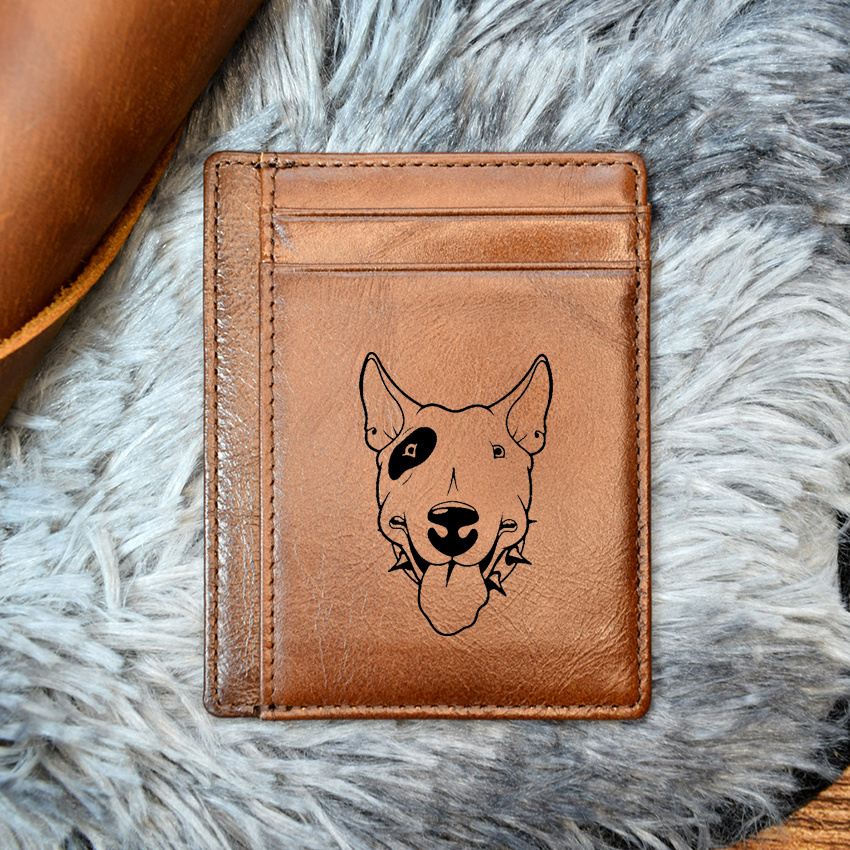 Leather front pocket card wallet with money clip brown Bull Terrier Gift