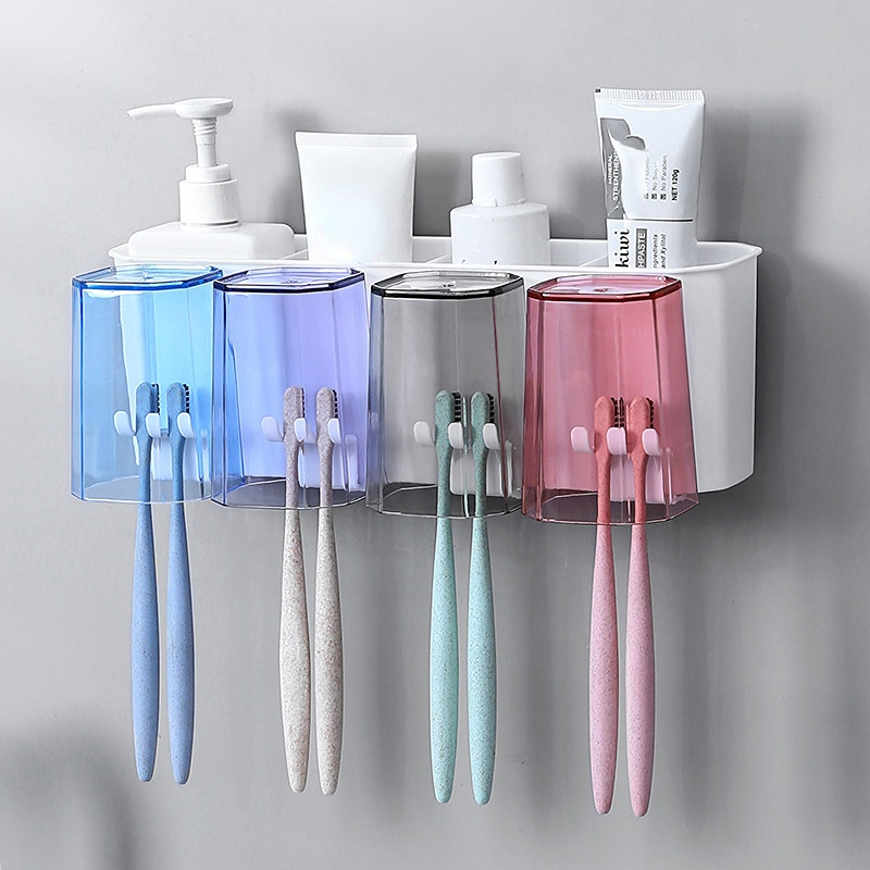 Soporte creativo para cepillo de dientes, estante montado en la pared sin  perforaciones, ahorro de espacio, colgador de taza de enjuague bucal,  accesorios de baño - AliExpress