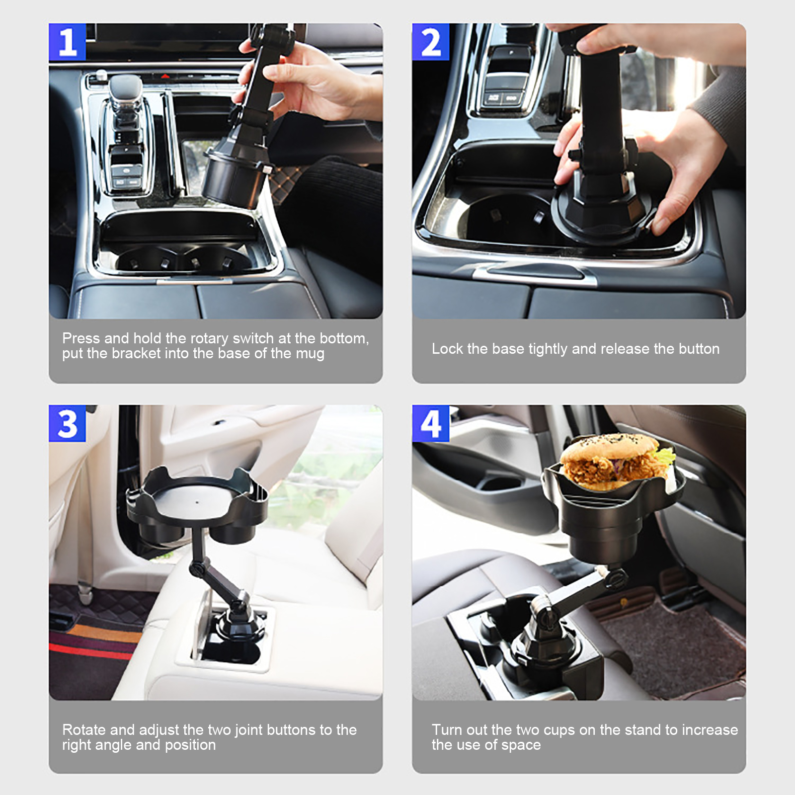 Seekfunning Cup Holder Food Tray for Car, Truck, Sturdy & Handy Organizer  Table for Car Cup Holders, 360° Adjustable Car Tray Table with Phone  Holder, Swivel Arm, Expandable Base 