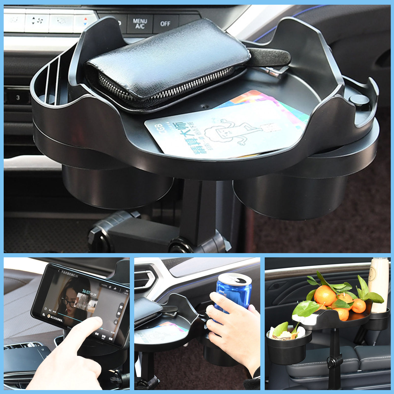 US Car Cup Holder Tray Expandable Food Tray w/ Phone Holder 360°Rotation  Table