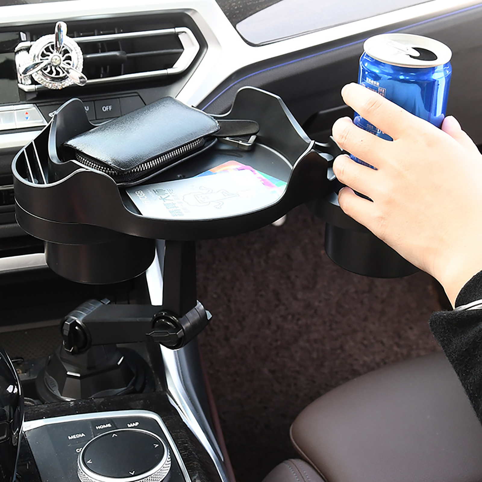 Car Cup Holder Tray Expandable Food Tray w/ Phone Holder 360°Rotation Tray  Table