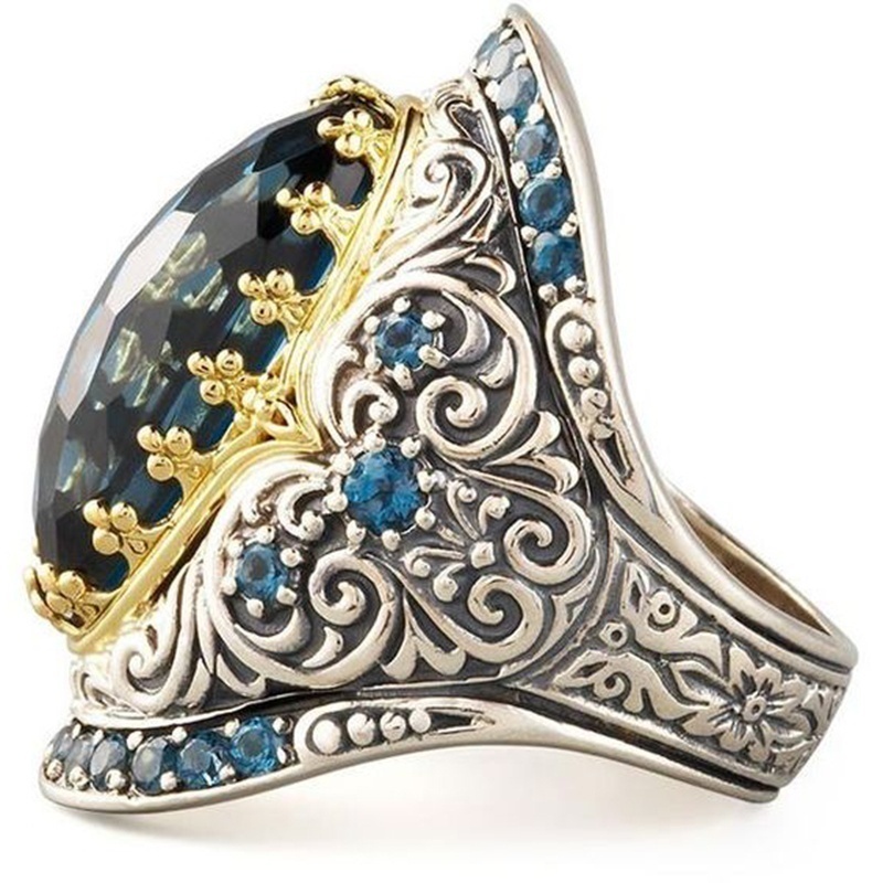 Sapphire Ring Geometric Engagement Punk Handcraft Flower Pattern Ring