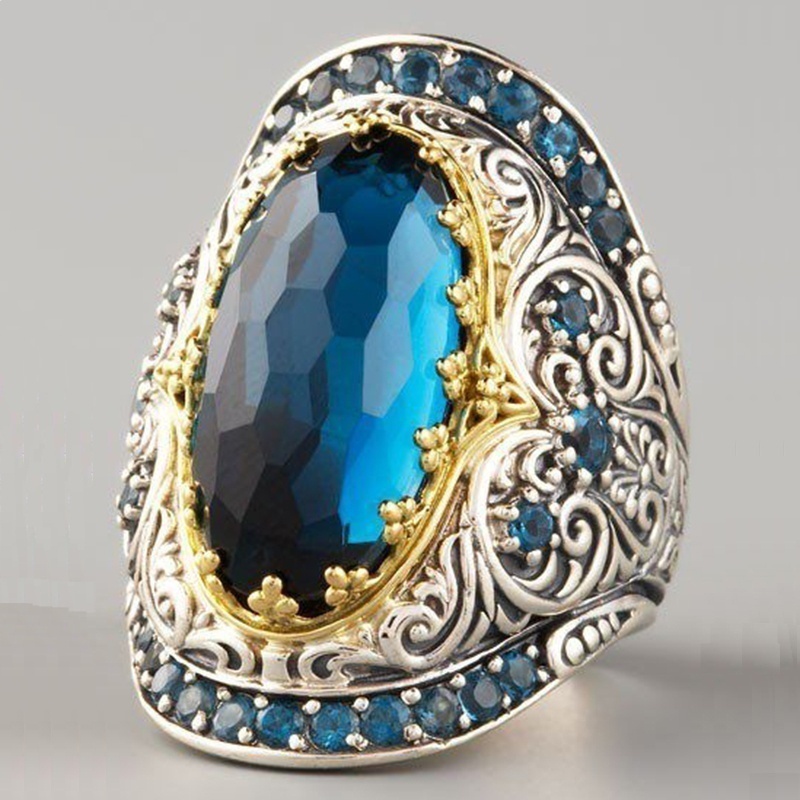 Sapphire Ring Geometric Engagement Punk Handcraft Flower Pattern Ring