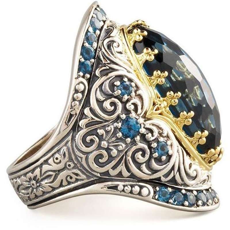 Sapphire Ring Geometric Engagement Punk Handcraft Flower Pattern Ring