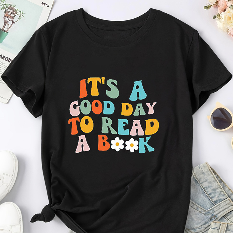 

Read A Book Print T-shirt, Short Sleeve Crew Neck Casual Top For Spring & Summer, Women's Clothing