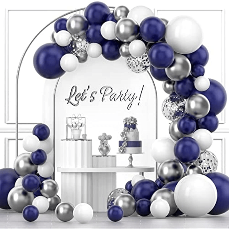 

120pcs, Navy Blue Silver Balloon Garland Set, Navy Blue White Silvery Confetti Balloon Arch Kit With Silver Ribbon Strip For Birthday Party Baby Shower Wedding Graduation Decoration
