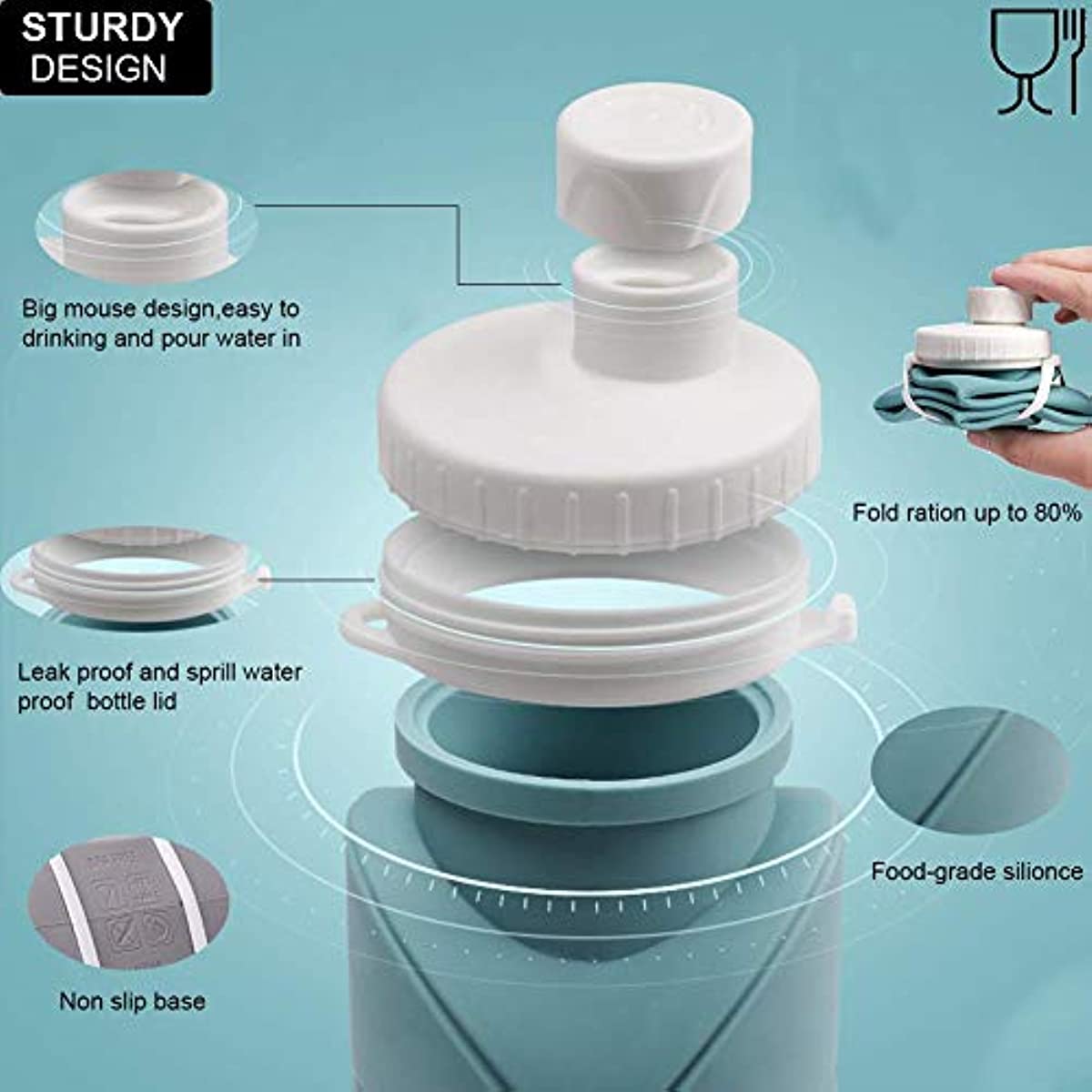 ONTA Botella de agua plegable: botella de agua plegable de silicona sin BPA  para viajes, botella de agua portátil de silicona a prueba de fugas de 20