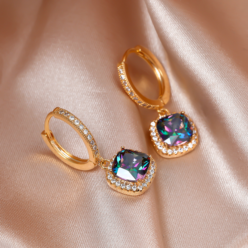 Boho Multicolor Stone Hoop Earrings, Golden Tone