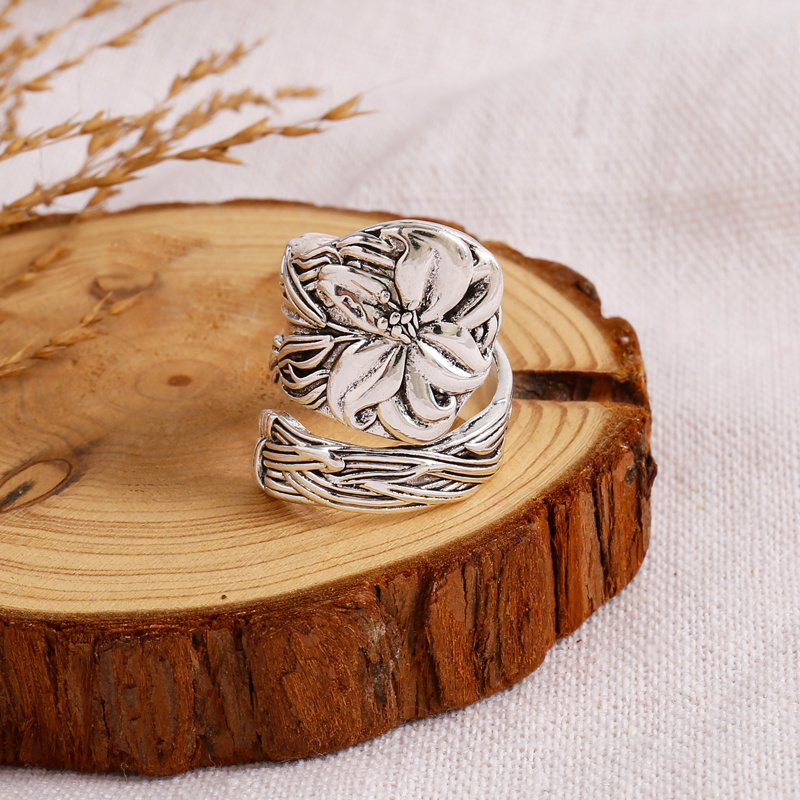 Vintage 925 Silver Plated Spoon Ring Floral Ring Silver Color Ornament Gift  For Her