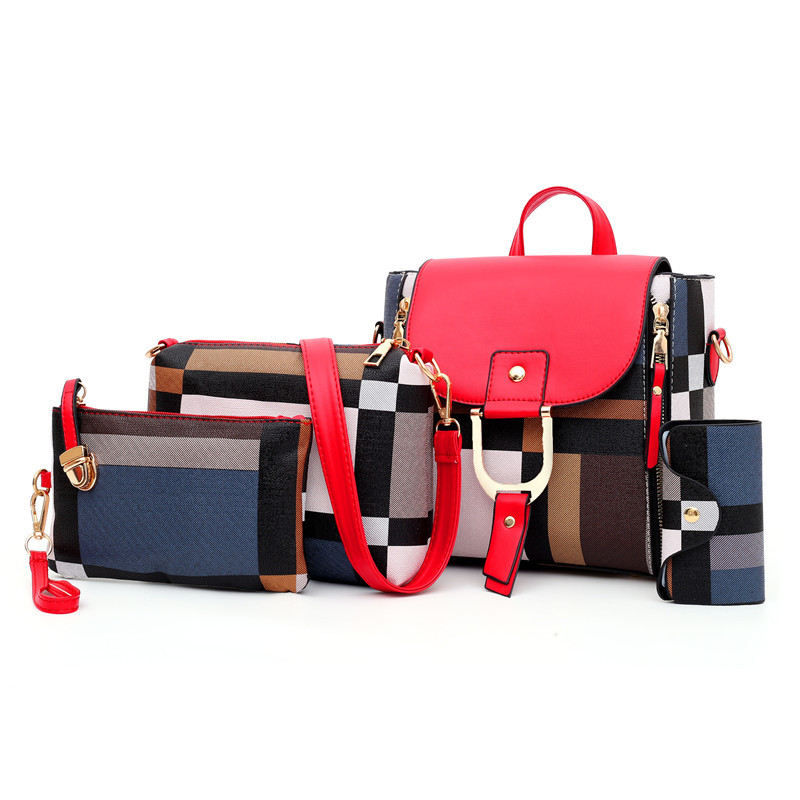 Plaid Pattern Bag Set, Women's Pu Leather Flap Backpack With