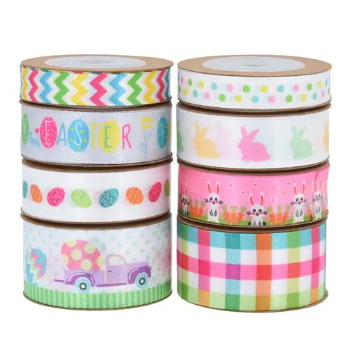 6 Rolls 30 Yards Easter Ribbon Wired Edge Bunny Egg