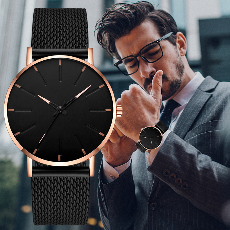 Fashion Men's Watches Classic Business Black Stainless Steel Ultra-thin  Waterproof Men's Watches