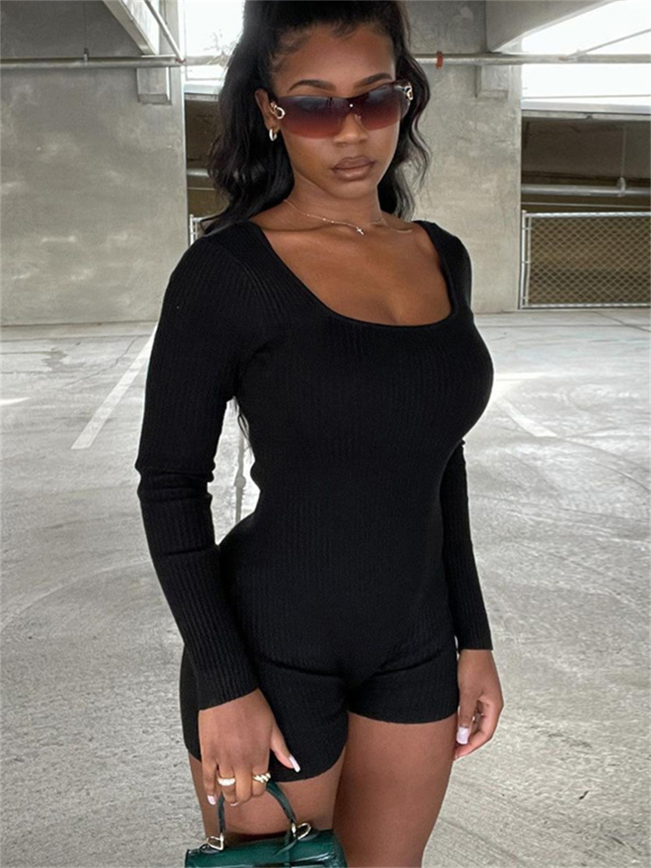 Women's Square Neck Long Sleeve Bodycon Bodysuit - Temu