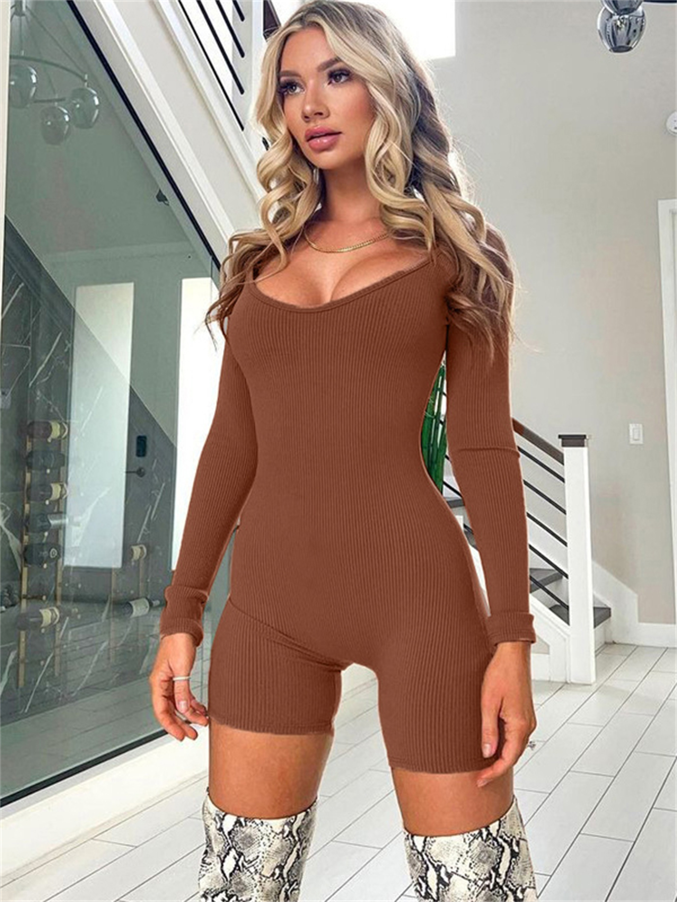 Ribbed Slim Romper Jumpsuit Sexy Long Sleeve Crew Neck - Temu Canada