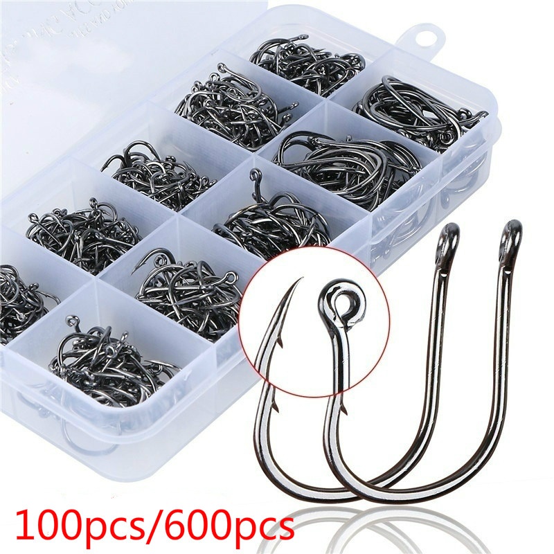 100/600pcs Premium Carbon Steel Fishing Hook Set - 10 Sizes Of Barbed Jig  Hooks With Hole