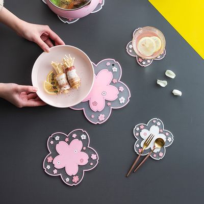 1pc Cute Coasters For Drinks, Heat Insulation Cherry Blossom Silicone Cup Mat, Durable Non-Slip Sakura Flower PVC Place Mat