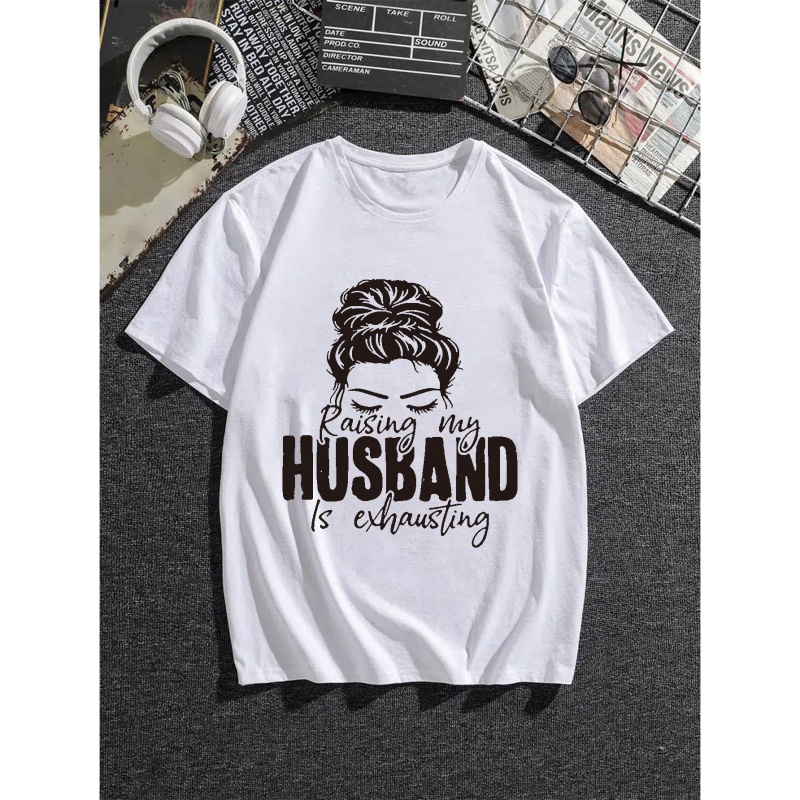 Men's Casual Trendy Rasing My Husband Slogan Graphic Print Comfortable Crew Neck Short Sleeve T-shirts, Summer Oversized Loose Tees Plus Size