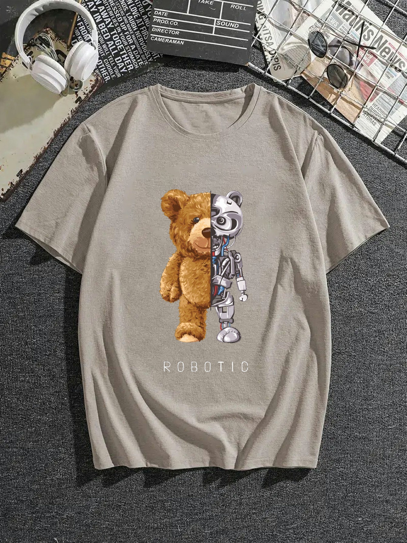 Men's Robot Bear Print T-shirt, Trendy Graphic Tee For Summer - Temu