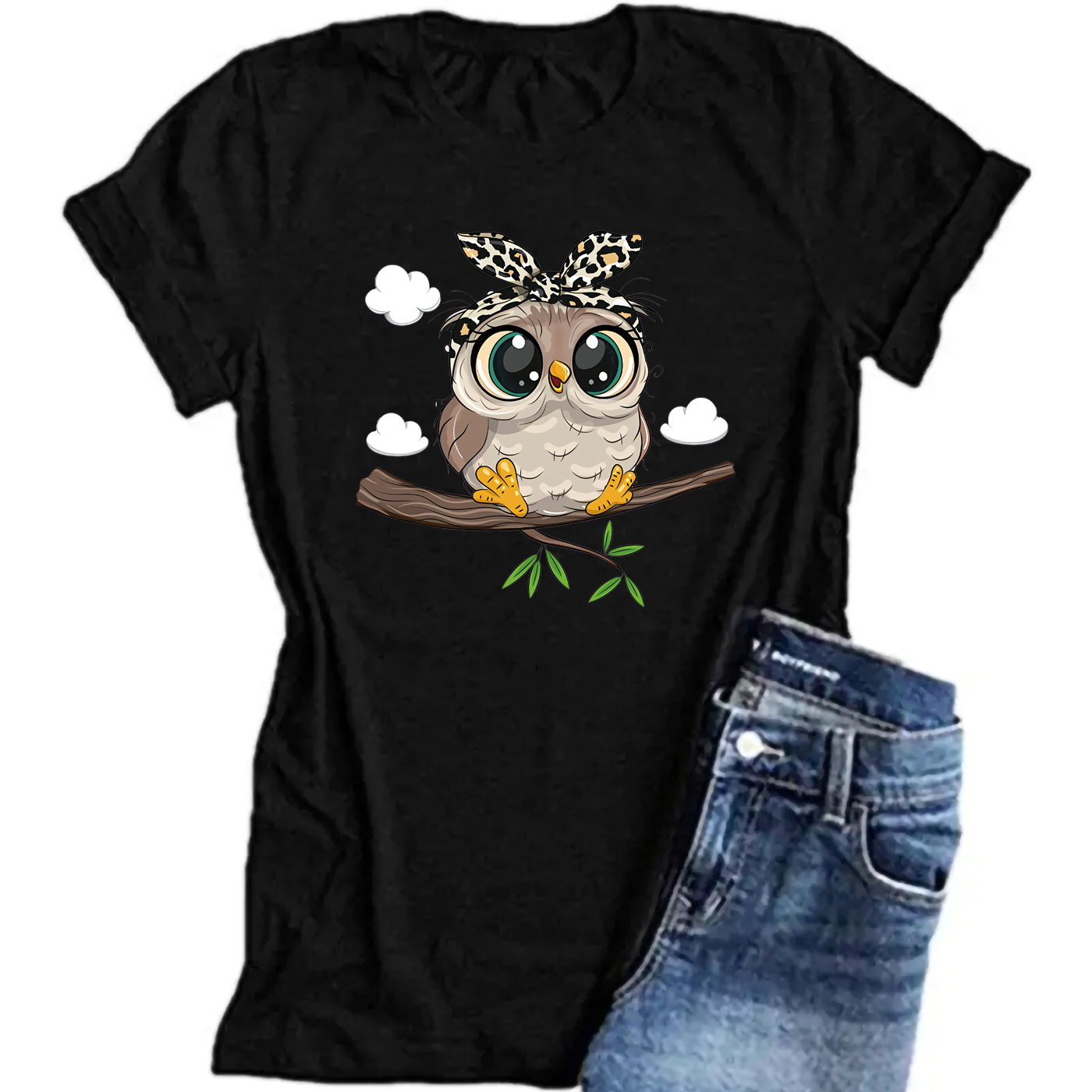 

Cartoon Kawaii Owl Print T-shirt, Short Sleeve Crew Neck Casual Top For Summer & Spring, Women's Clothing