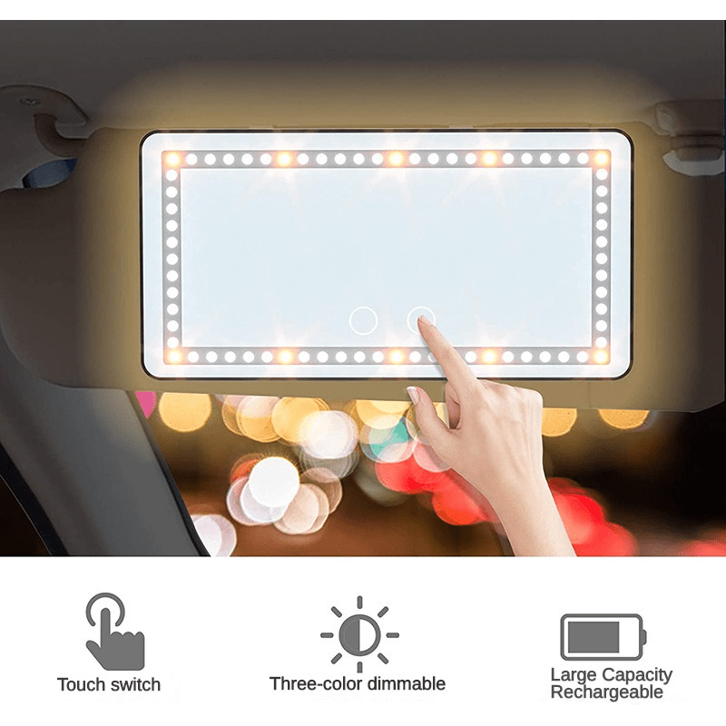  Espejo de tocador con visera solar para automóvil, espejo grande  para automóvil con 3 modos de luz y 80 LED, espejo de maquillaje recargable  para automóvil, control táctil regulable, espejo de