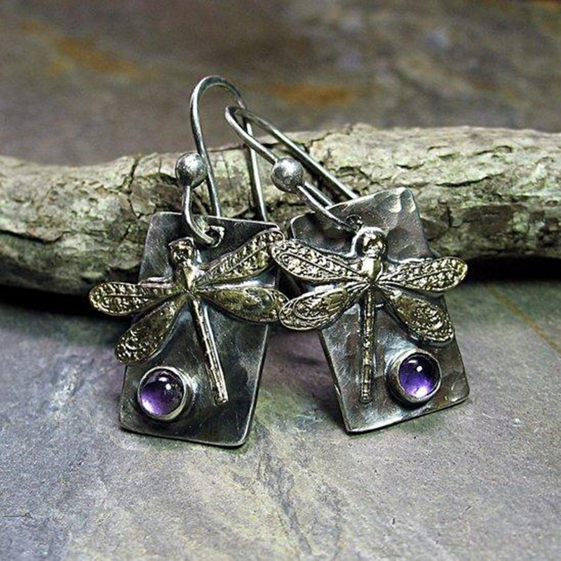 Vintage Amethyst Dragonfly Dangle Earrings Boho Handmade - Temu