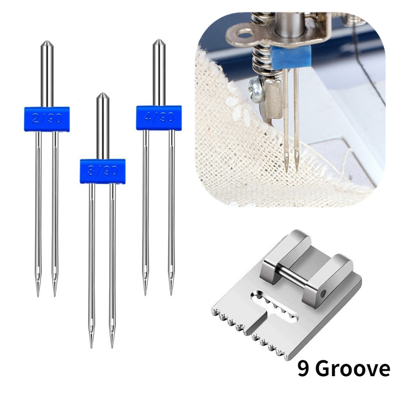Twin Needles Size And Wrinkled 9 Grooves Sewing Presser Feet - Temu