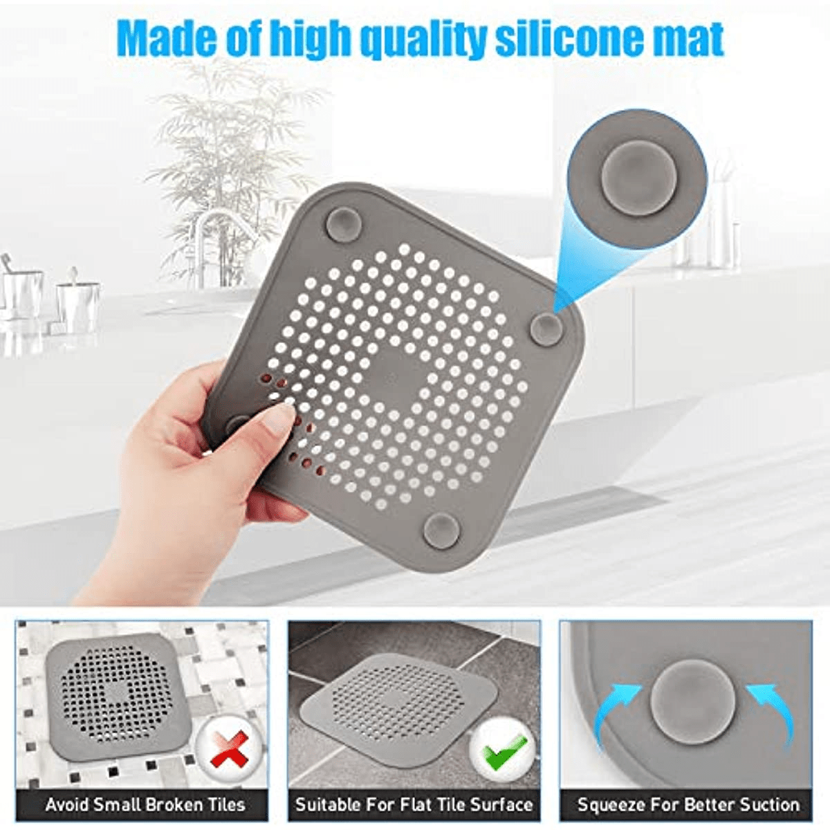 Drain Clean Cover White,Square Drain Shower Cover, Silicone Hair Stopper  with Suction Cup,Easy to Install and Clean Great for Hair Loss, Suitable  for
