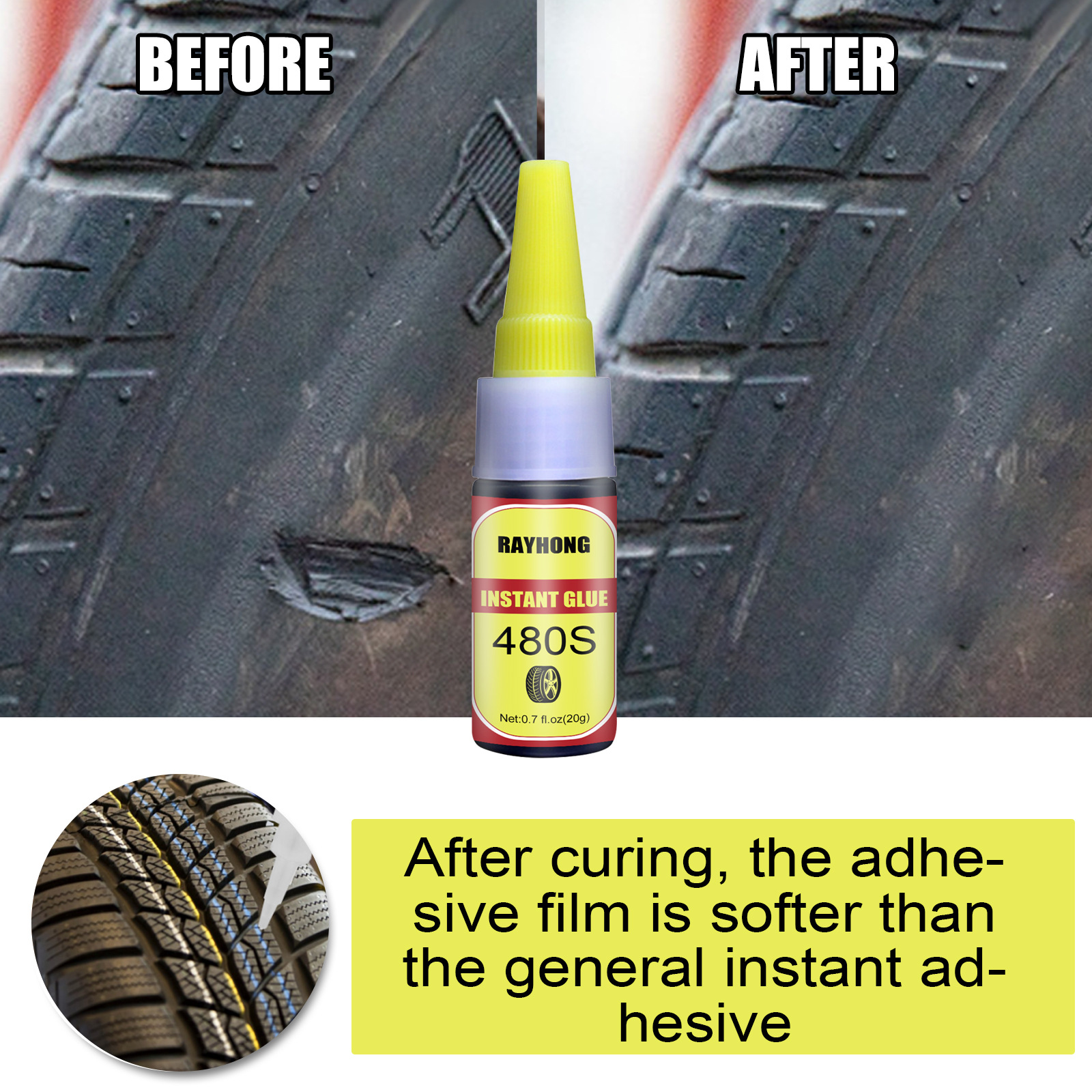  Rayhong - Parche de pegamento para reparación de neumáticos de  bicicleta, para el hogar, goma y cuero, grietas, fuerte y eficaz, sellado  rápido, reparación de neumáticos, pegamento adhesivo transparente universal  